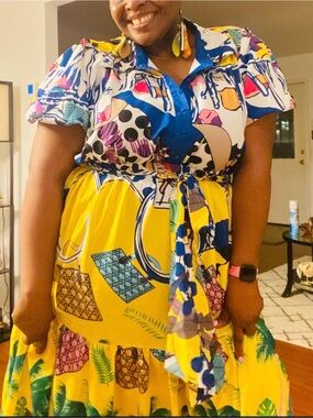L'ATISTE Yellow Blue White Multi-Color Maxi Dress
